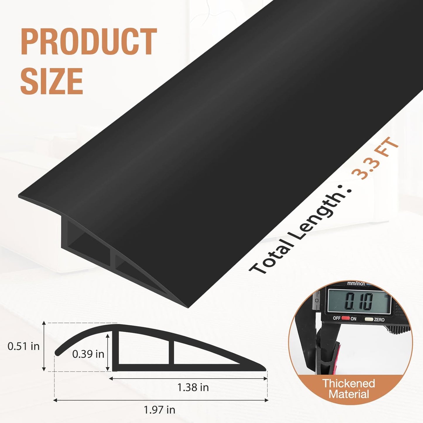 Floor Transition Strip Self Adhesive Vinyl Door Threshold for Doorways Carpet Edging Trim Overlap Edge Reducer for Laminate Floor, Carpet, Tile (Black, 1/5" to 2/5", 3.3Ft)