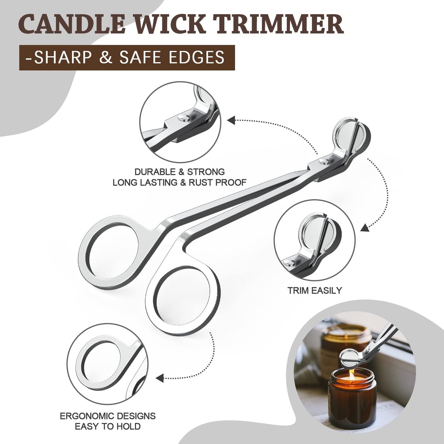 5 in 1 Candle Accessory Set,Candle Wick Trimmer Cutter,Candle Wick Dipper,Candle Wick Snuffer,Rechargeable Candle Lighter,Tweezers,Stainless Steel Candle Care Kit Home Gift for Aromatherapy(Silver)