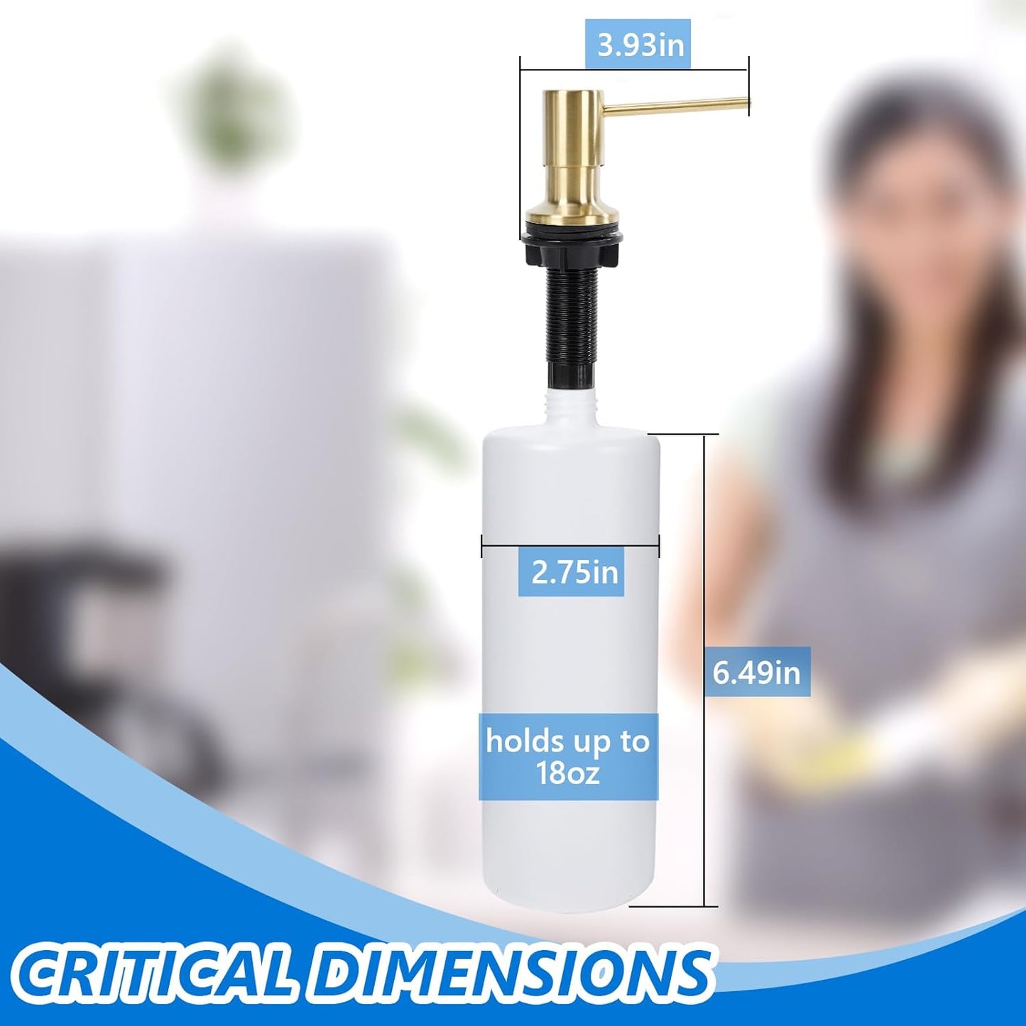 Soap Dispenser for Kitchen Sink Built in Sink Soap Dispenser, Countertop Soap Dispenser with 500ML/18OZ Bottle Refill from Sink Soap Dispenser(Gold)