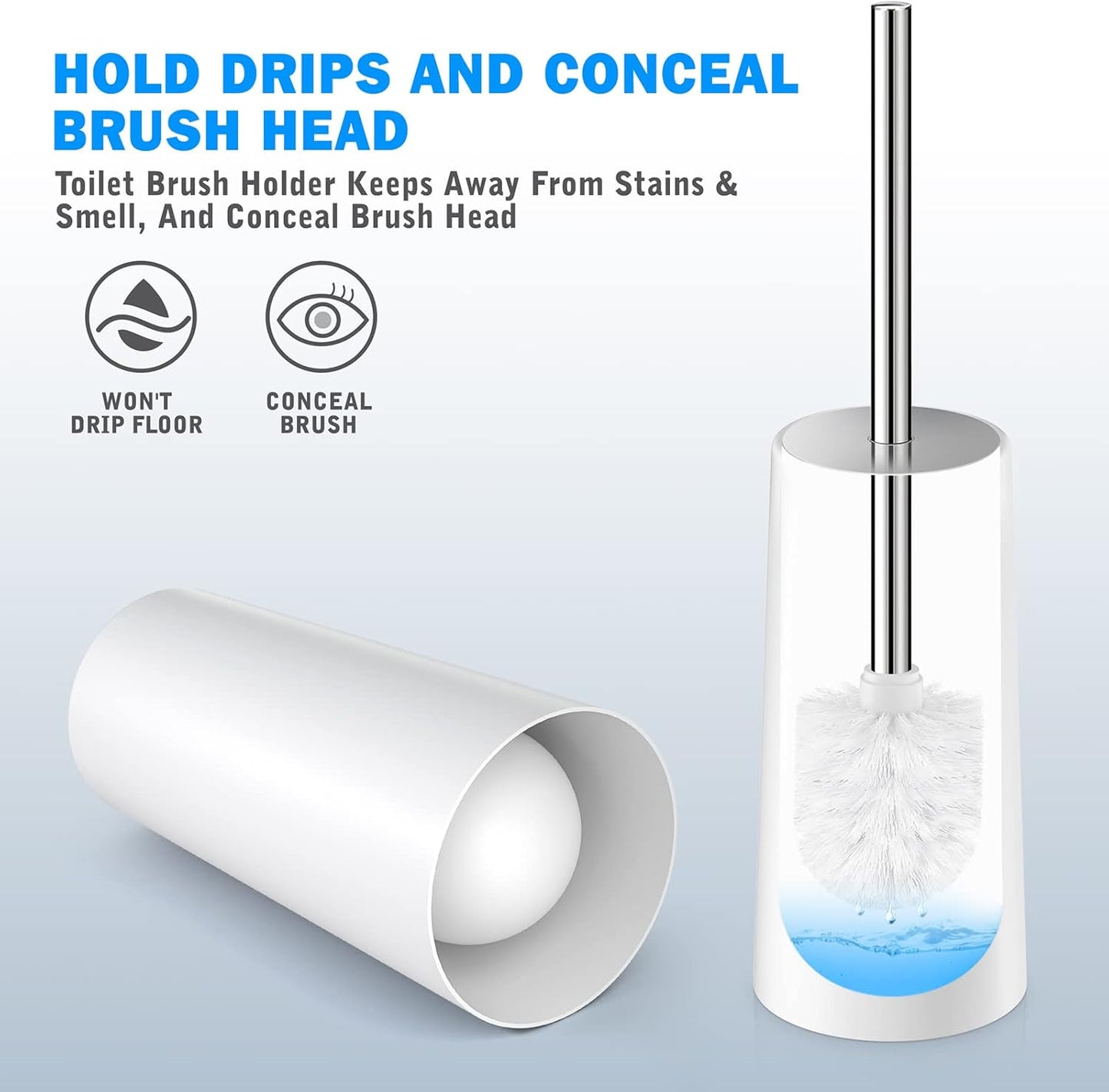 Toilet Brush and Holder, 2 Pack Toilet Brush with 304 Stainless Steel Long Handle, Toilet Bowl Brush for Bathroom Toilet-Ergonomic, Elegant,Durable (White)