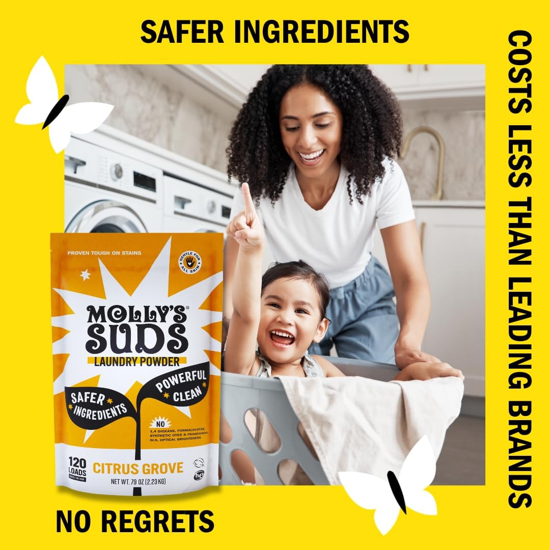 Molly's Suds Original Laundry Detergent Powder | Clean Laundry Detergent Powder for Sensitive Skin | Simple, Effective Ingredients, Stain Fighting | 240 Loads (Citrus Grove)