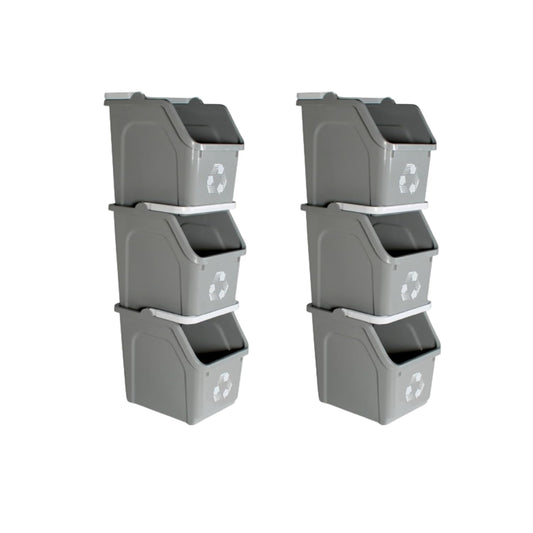 Multi Recycling Bin System with Three Stacking 6 Gallon Bins with Carrying Handles, Stackable and Compact for Offices, Homes, Garages, Businesses - (Grey, 6 Pack)