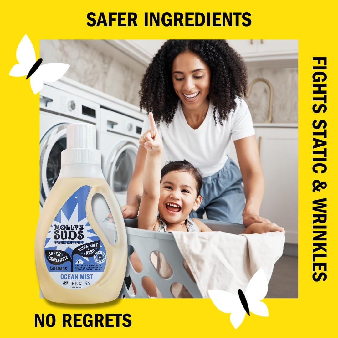 Molly’s Suds Fabric Softener Liquid for Sensitive Skin | Vinegar-Powered, Infused with Essential Oils | Fights Static, Reduces Wrinkles, Deodorizes | Ocean Mist, 50 Loads