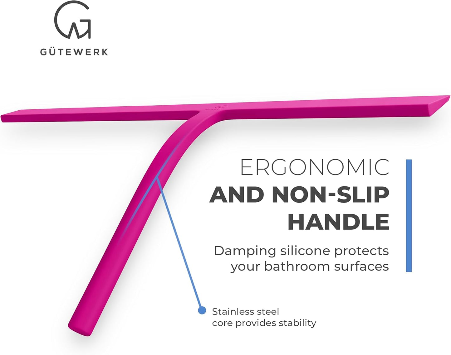 GÜTEWERK Shower Squeegee for Glass Doors, Silicone Window Squeegee, Bathroom and Glass Cleaning - Pink - 15 Inch