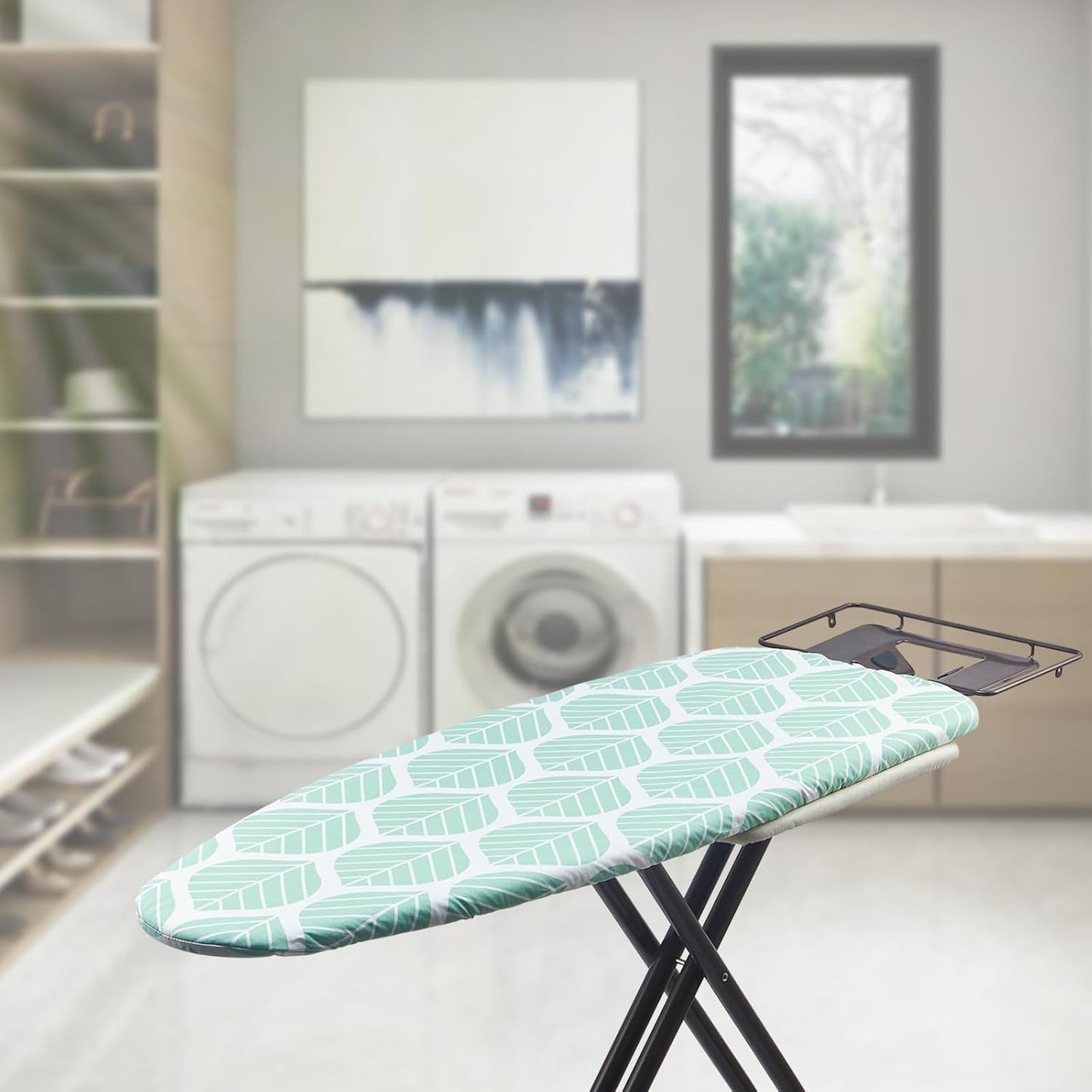 Wide Ironing Board Cover and Pad 18 x 49 inch Heat Reflective with Hook and Loop Fasteners, Thick Padding with Elasticized Edges, 3 Layers Iron Board Cover (Green Leaf)