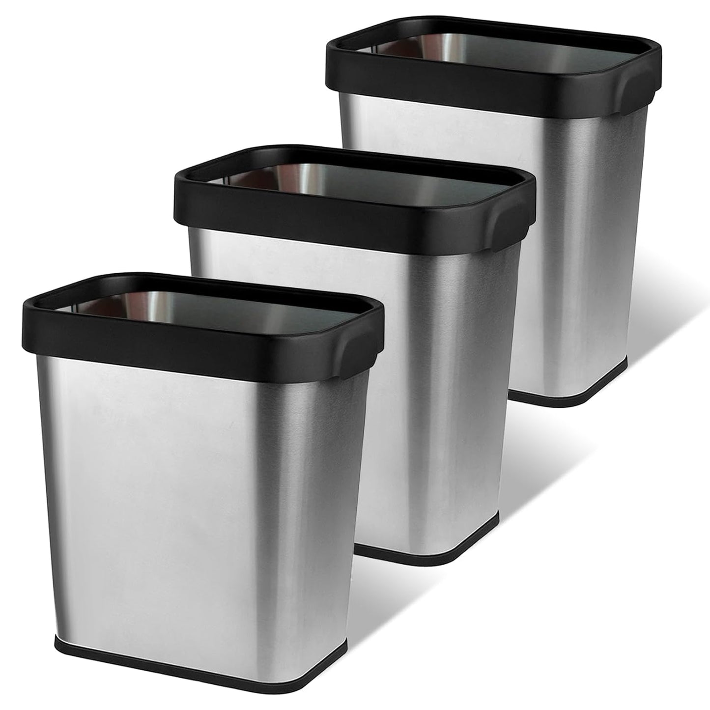 3 Pack Stainless Steel Trash Can 3 Gallon, Open Top Trash Can, 8" x 11" x 13", Rectangle Rubbish Bin, Slim and Narrow, No Lid Small Wastebasketfor Kitchen, Bathroom, Living Room, Office