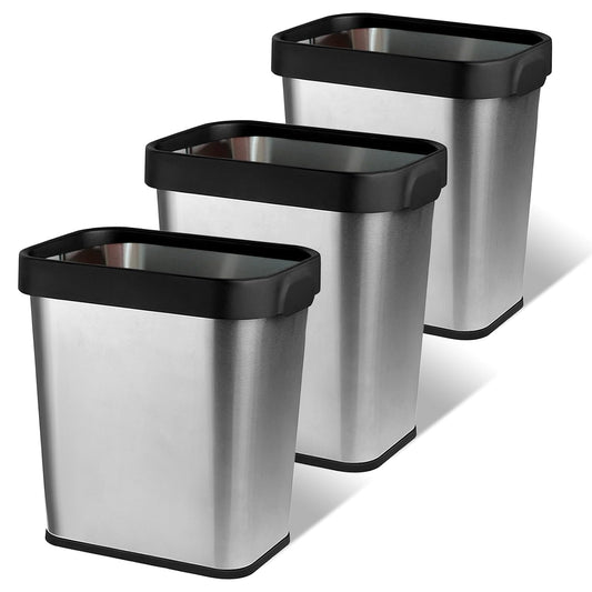 3 Pack Stainless Steel Trash Can 2 Gallon, Open Top Trash Can, 7" x 10" x 11", Rectangle Rubbish Bin, Slim and Narrow, No Lid Small Wastebasketfor Kitchen, Bathroom, Living Room, Office