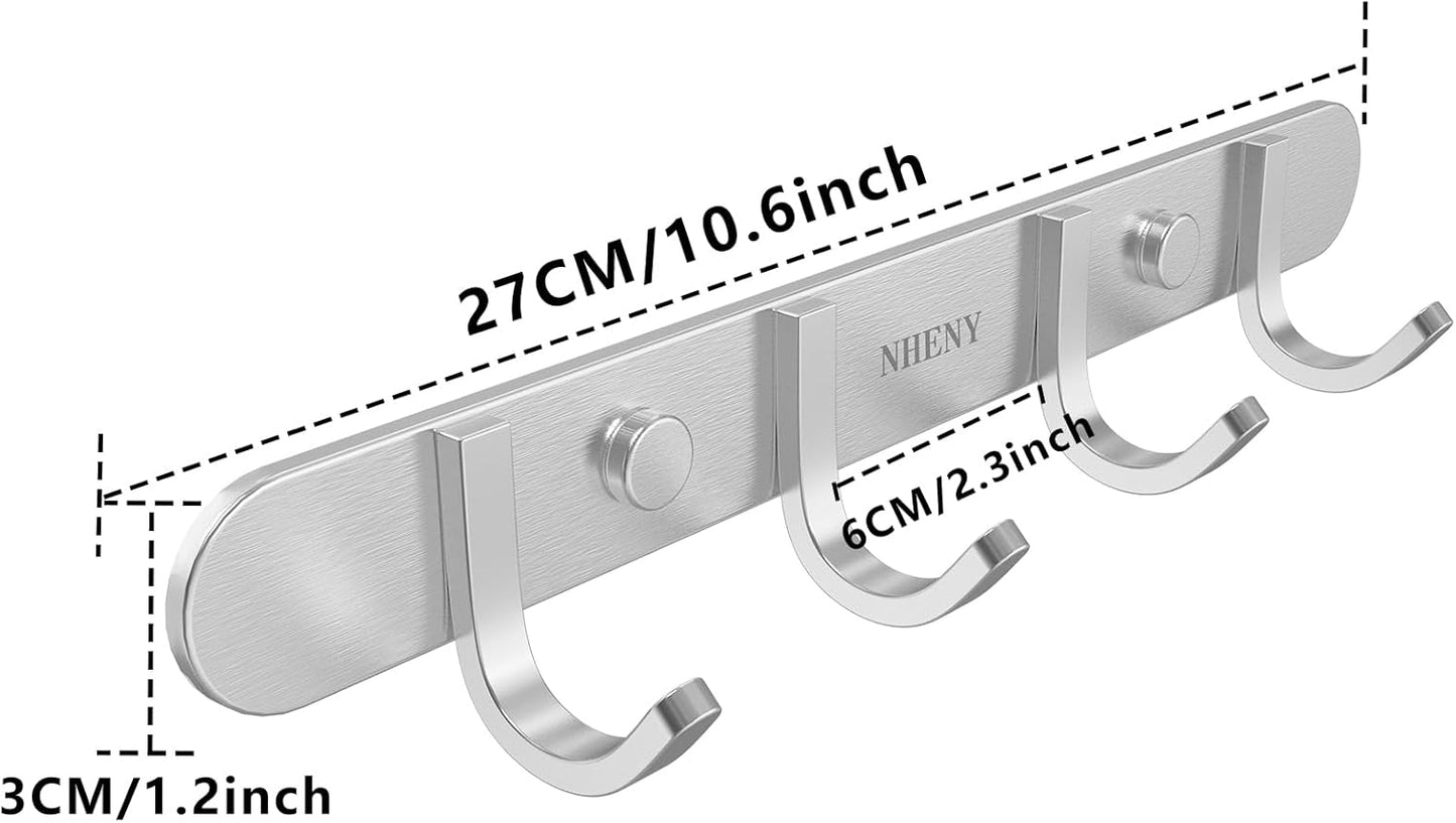 Coat Hook Wall Mount Towel Hook Rack with 4 Hooks 11-inch Hanger for Hanging Clothes, Bags, Keys, Easy to Install Rail for Bedroom, Bathroom, Entryway, Door, 304 Stainless Steel Brushed Nickel