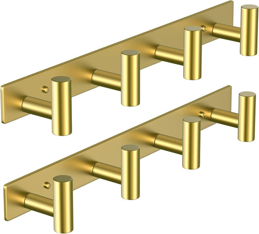 VAEHOLD Hat and Coat Wall Mount Rack - Hooks for Robes, Bags, Keys, and Towels - Bathroom Towel Hanger Organizer (Gold, “T“ Shape 4 Hooks 2 Pack)