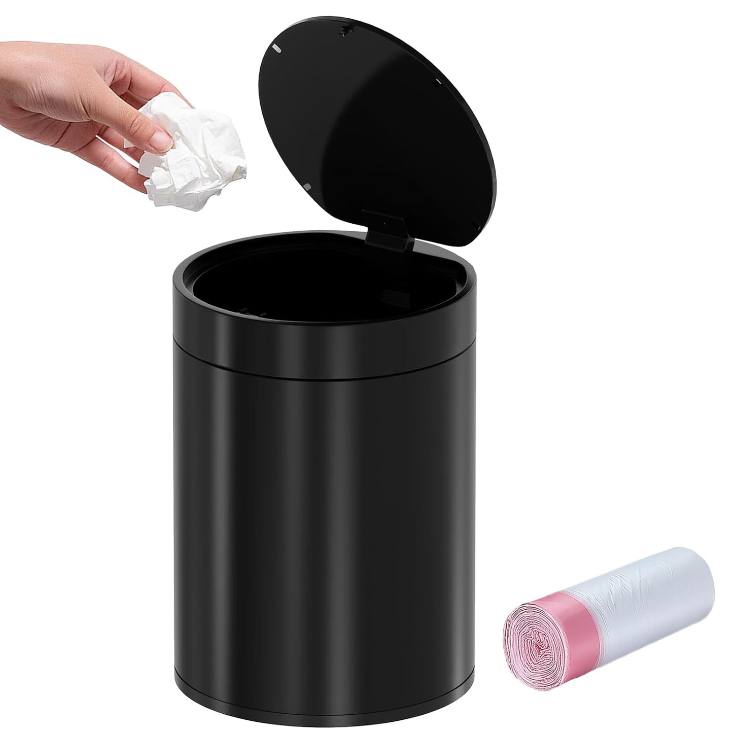 Mini Trash Can for Desk with Pop Up Lid,1.5L Tiny Trash Can for Desk, 0.4 Gal Stainless Steel mini Desk Trash can with Lid，Small Counter Garbage Bin with 1 Roll Bags for Bathroom,Office(Black)