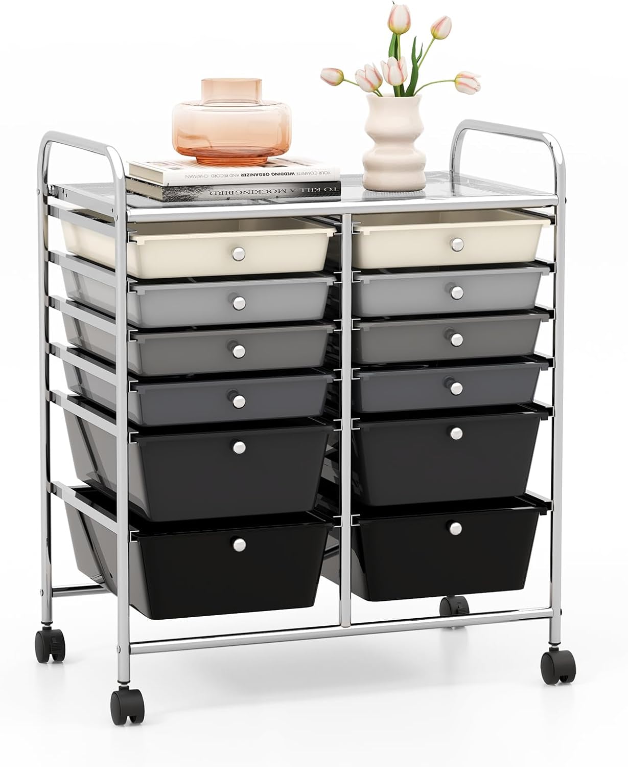 GOFLAME 12-Drawer Rolling Storage Cart, Multipurpose Organizer Cart with 2 Sizes Plastic Drawers, Mobile Utility Cart with Lockable Casters for School, Home Office, Beauty Salon, Gradient Grey