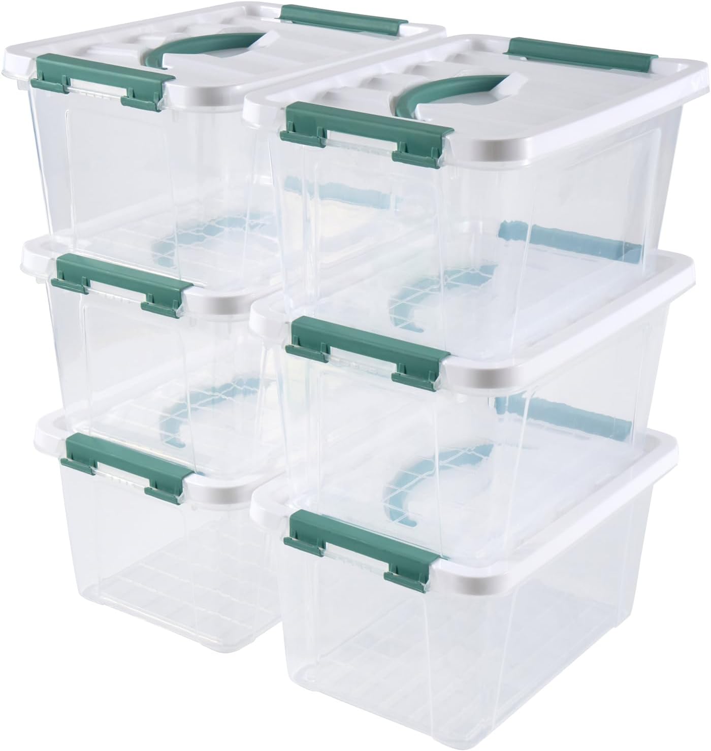 6 Quart Plastic Stackable Storage Latch Bins,Clear Latching Box with Handle and Lid,Pack of 6 (Green Handle)