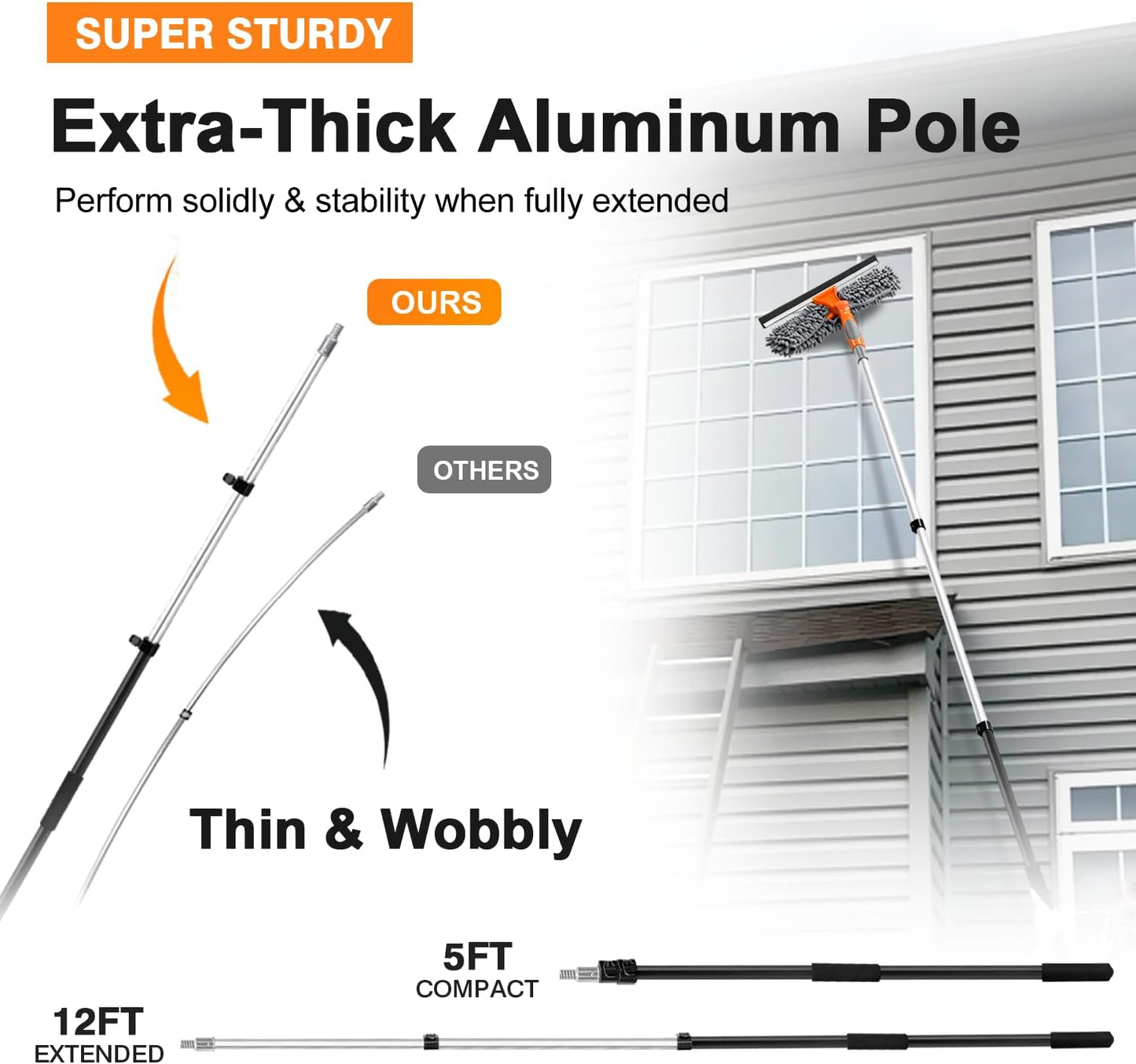 5-12ft Squeegee & 20Ft Reach Window Washer - 14" Extra-Large 2-in-1 Window Cleaner Tool with Extra-Thick Aluminum Telescopic Extension Pole for Indoor/Outdoor, RV, Truck Glass