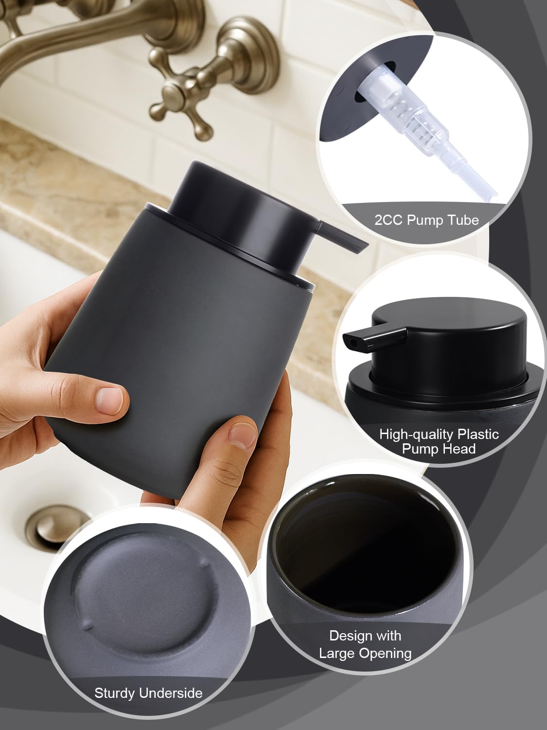 INGOFIN Ceramic Lotion Dispenser - 12oz Refillable Hand Soap Dispenser Bathroom, Modern Liquid Soap Dispenser with Pump, Dish Dispenser for Kitchen, Matte Grey