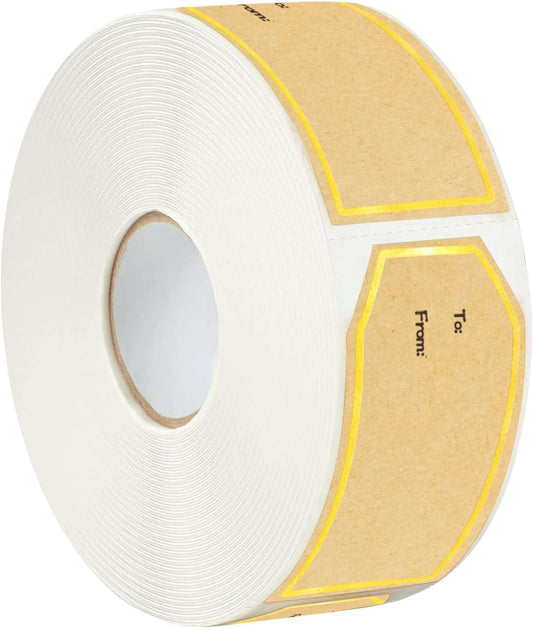 600PCS Gift Tag Stickers, 1.18" x 2" Gold Border Christmas Gift Tags Stickers, Brown Kraft to and from Gifts Labels Self Adhesive Christmas Labels Holiday Present Label, Perforated line Design