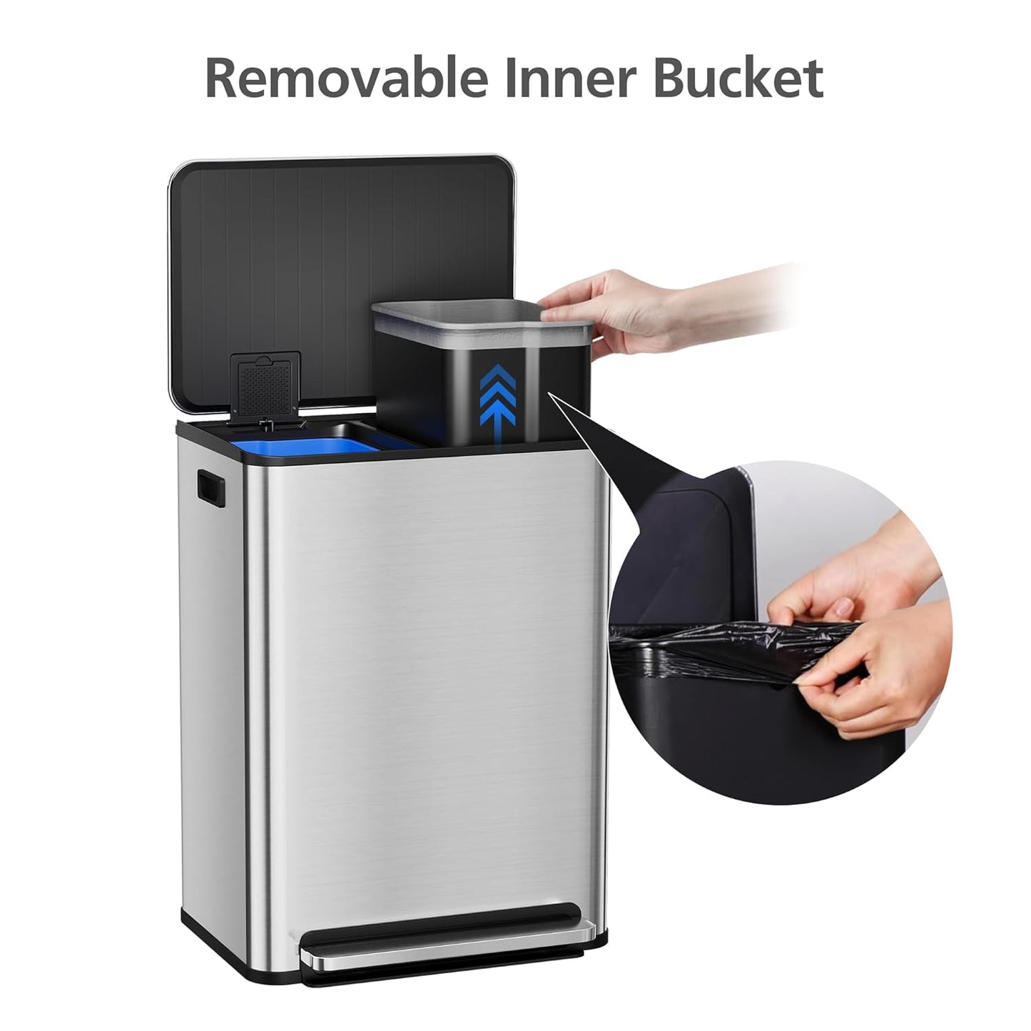 GarveeHome 60L/16 Gal Kitchen Trash Can,2×8 Gal Pedal Trash Bin with Removable Baskets,Stainless Steel Garbage Can for Kitchen Office Restaurant School Hospital