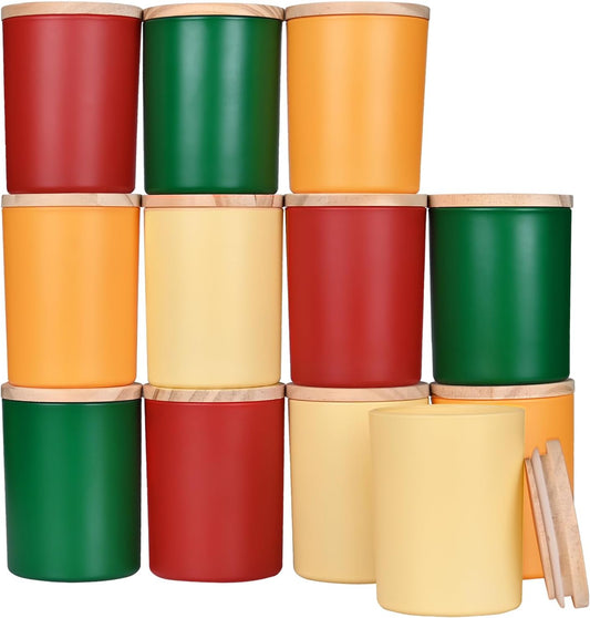 SHOWIN Thick Candle Jars for Making Candles 12 Pcs, 7 OZ Empty Jars with Wood Lids for Candle Making, Sample Container, Christmas