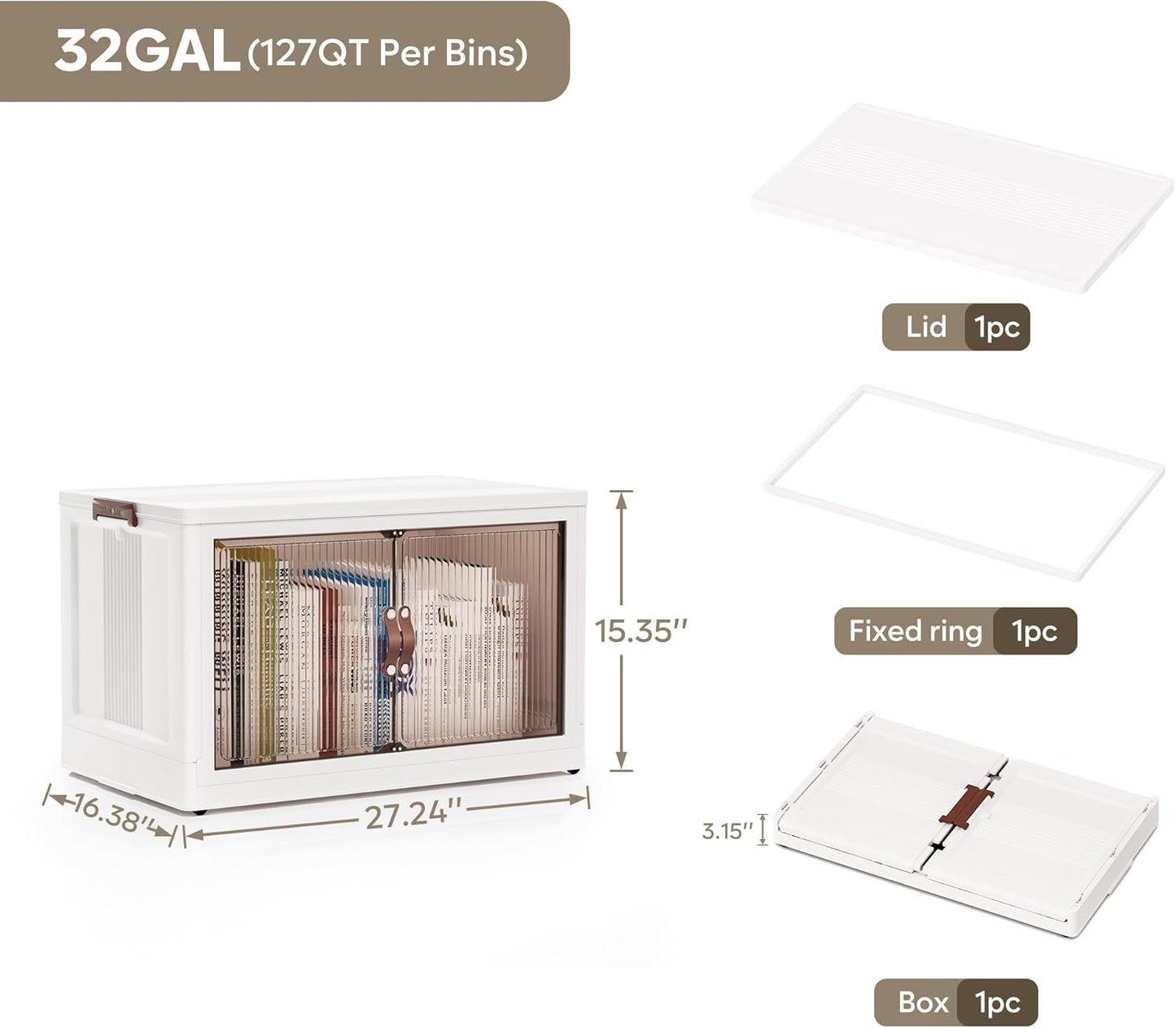 Jalove 30Gal Large Storage Bins with lids, 120QT Plastic Stackable Storage Containers with Wheels, Collapsible Closet Organizer and Storage Drawers,Clothes Organization for Cabinet Home, 1Pack White