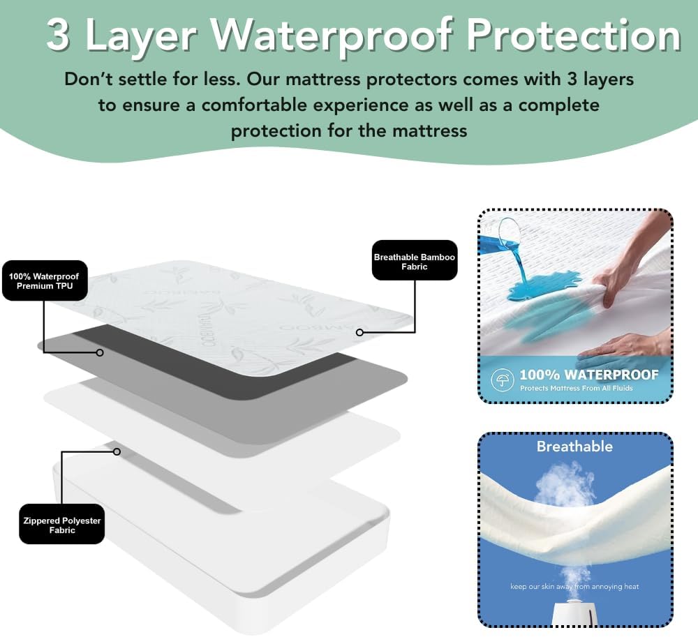 Bamboo Rayon Mattress Protector with Zipper + 2 Pillow Protectors - 100% Waterproof Cooling King Size Cover - Ultra Soft Fabric Breathable Noiseless Mattress Pad Covers Zippered Encasement
