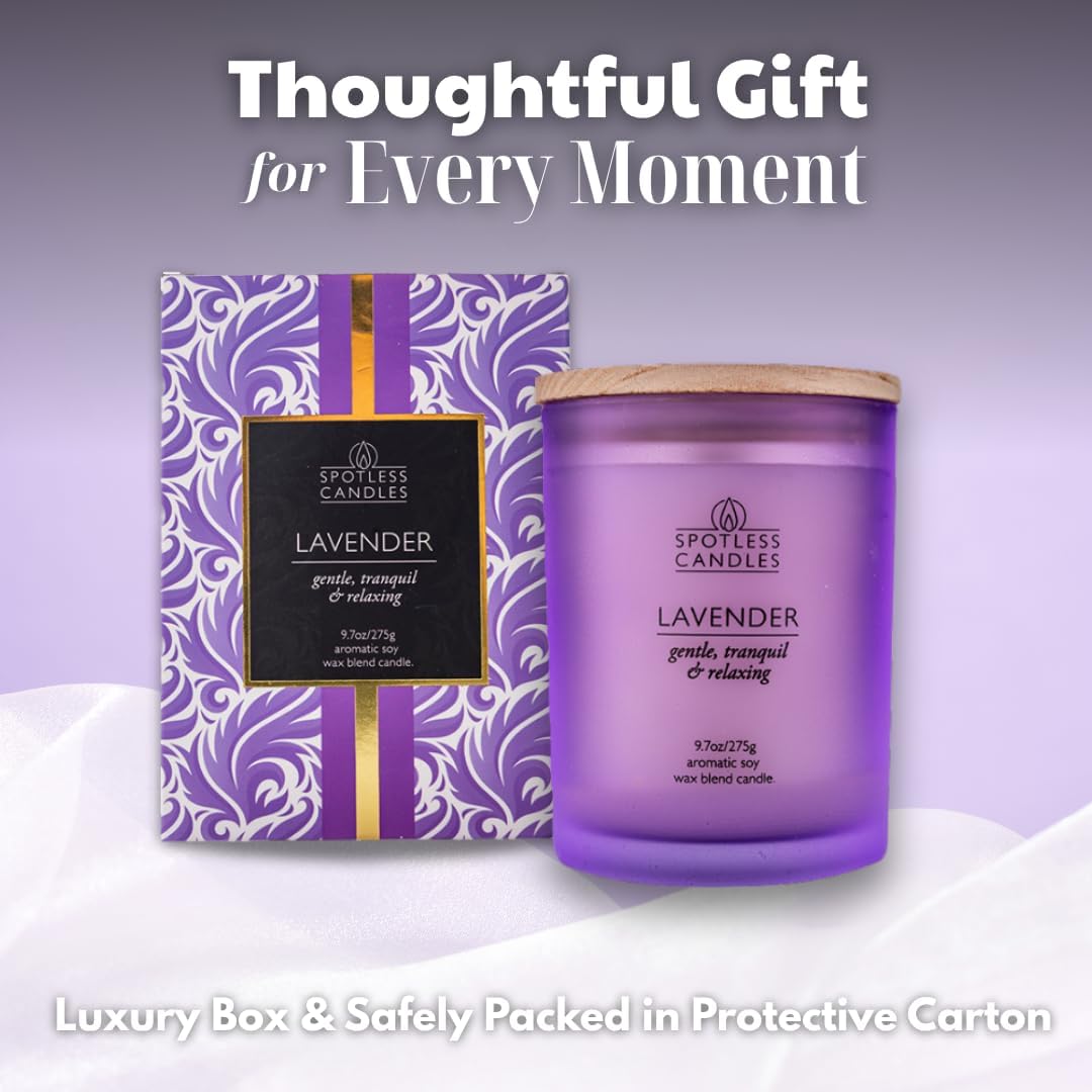 Lavender Candle - 9.7 oz /275g Lavender Scented Candle in Purple Glass Jar with Wooden Lid and Wooden Crackling Wick in a Luxurious Gift Box - Gentle, Tranquil and Relaxing