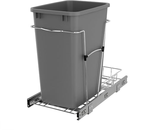 Rev-A-Shelf Pullout Trash Can for Kitchen Cabinets 35 Qt Garbage Waste Recycling Bin w/ Full Extension Slide, Metallic Silver, RV-12KD-17C S