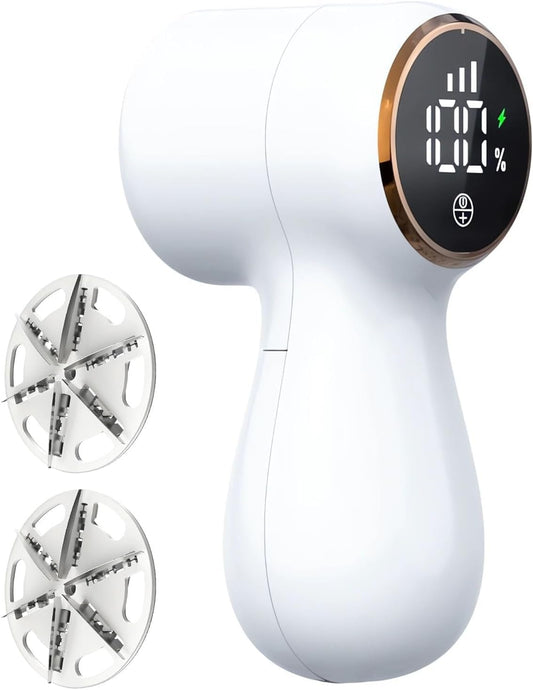Rechargeable Fabric Shaver,Lint Remover, 3-Speed Sweater Shaver with LED Display, 2 Replaceable Stainless Steel 6-Blade Heads for Clothes, Sweaters, Furniture, Lint Balls and Fabric Pilling