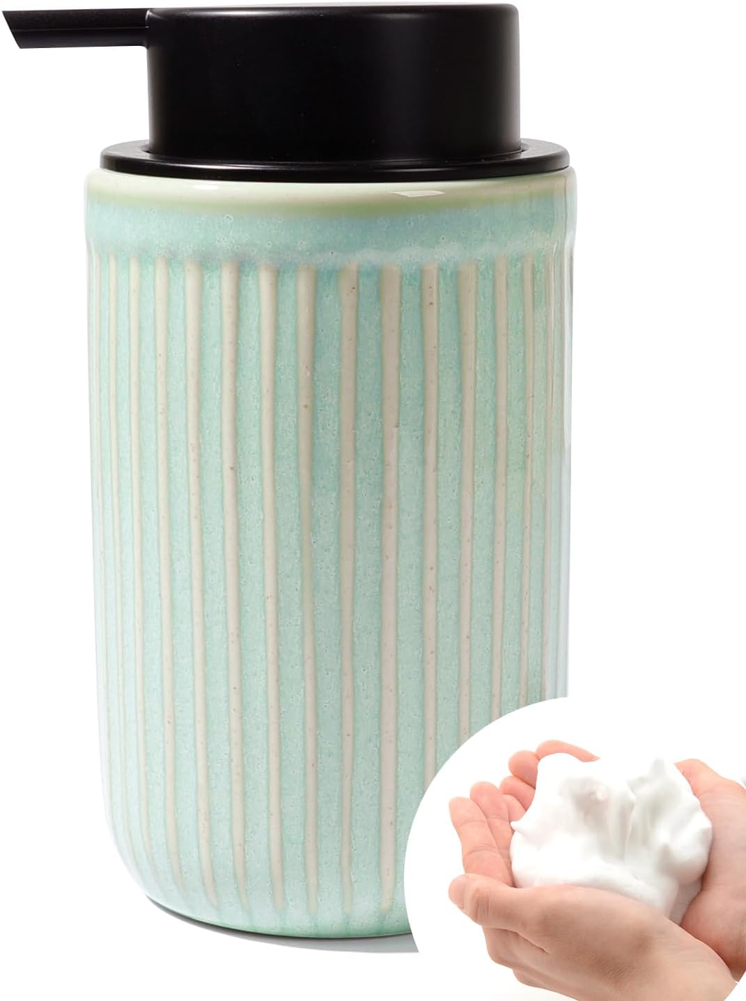 BosilunLife Foam Hand Soap Dispenser - Ceramic Foaming Soap Dispenser for Bathroom 12oz Refillable Liquid Lotion Soap Dispenser with Rust-Proof Foaming Pump for Countertop (Light Green)