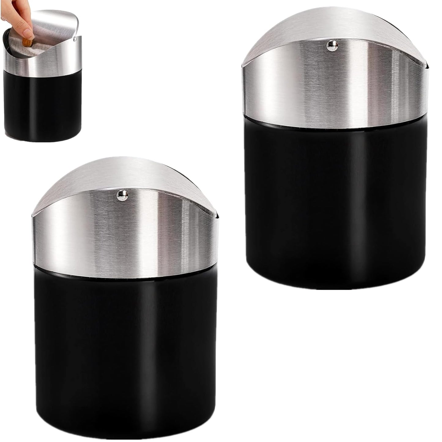 2 Pack Mini Trash Can for Desk, Swing Lid Brushed Stainless Steel Countertop Garbage Bin, Modern Tiny Waste Basket for Vanity, Makeup Tabletop, Office Desk, Coffee Table