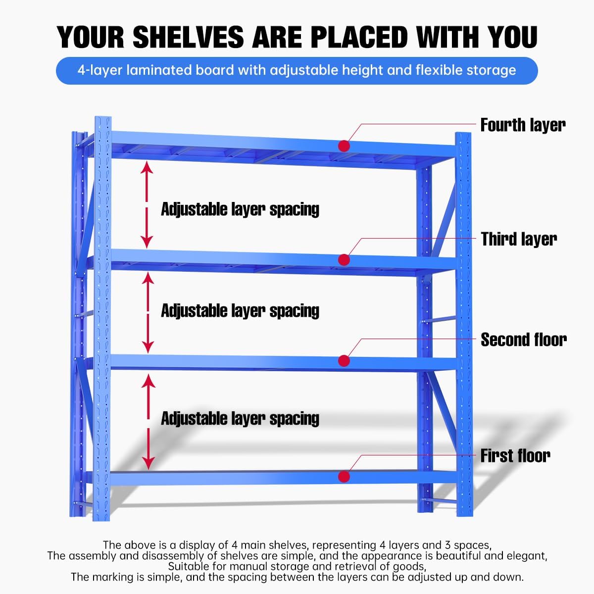 Storage Shelves Heavy Duty, Metal Garage Shelving Units, 4 Tier Storage Rack Shelf, Steel Industrial Shelving, Adjustable Standing Shelf for Basement/Warehouse (Blue, W59.06*D19.69*H78.74)