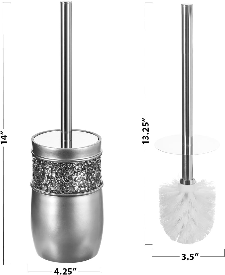 Crackled Glass Toilet Brush with Holder - Silver Toilet Bowl Cleaner Brush and Holder - Good Grip, Deep Cleaning, Decorative Design Compact Toilet Bowl Scrubber
