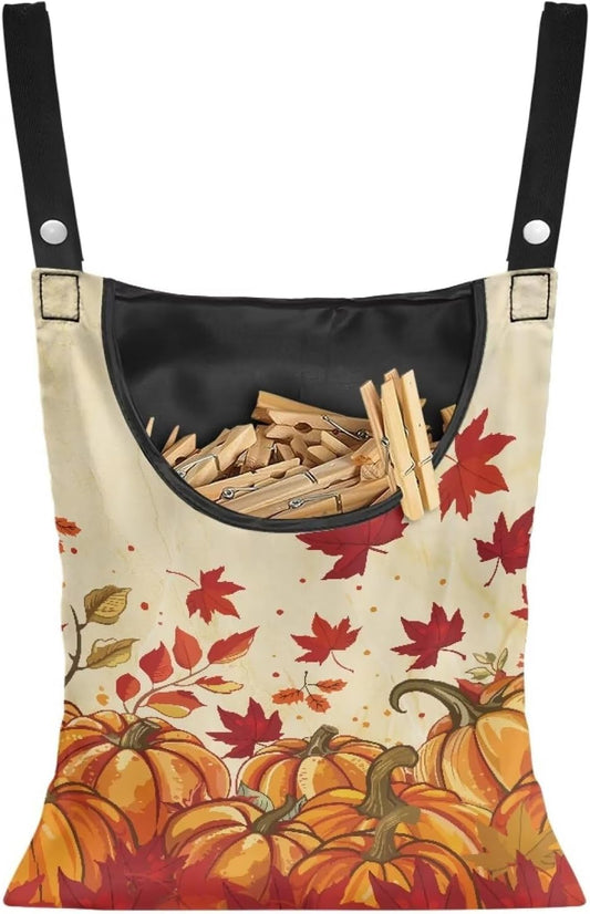 Maple Leaf Clothespin Bag Thanksgiving Pumpkin Hanging Storage Organizer Clothes Pin Bag Waterproof Laundry Clothespin Bag Clothespin Holder for Clothesline Outdoor