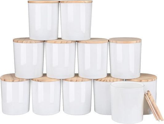 Thick Candle Jars for Making Candles 12 Pcs, 14 OZ Empty Jars with Wood Lids for Candle Making, Sample Container, Light White