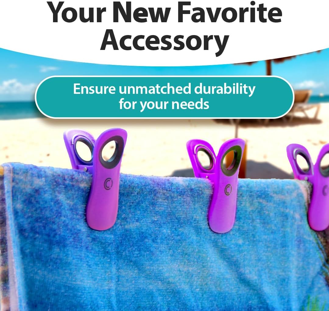 CoreClips Towel Clips for Beach Chairs - Set of 4 Pool Towel Holder Clips for Lounge Chairs on Cruise, Large 2.5” Opening Heavy Duty Clip for Towels on Boat Loungers with Travel Pouch - Purple