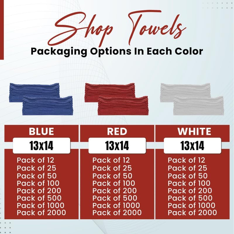 Shop Towels (Red, 25-Pack) - Bulk Cleaning Towel in a Bag, Mechanic Cotton Wipes for Car Maintenance, Auto Mechanics & Garage, Wipe Grease & Oil, Machine Wash & Reusable