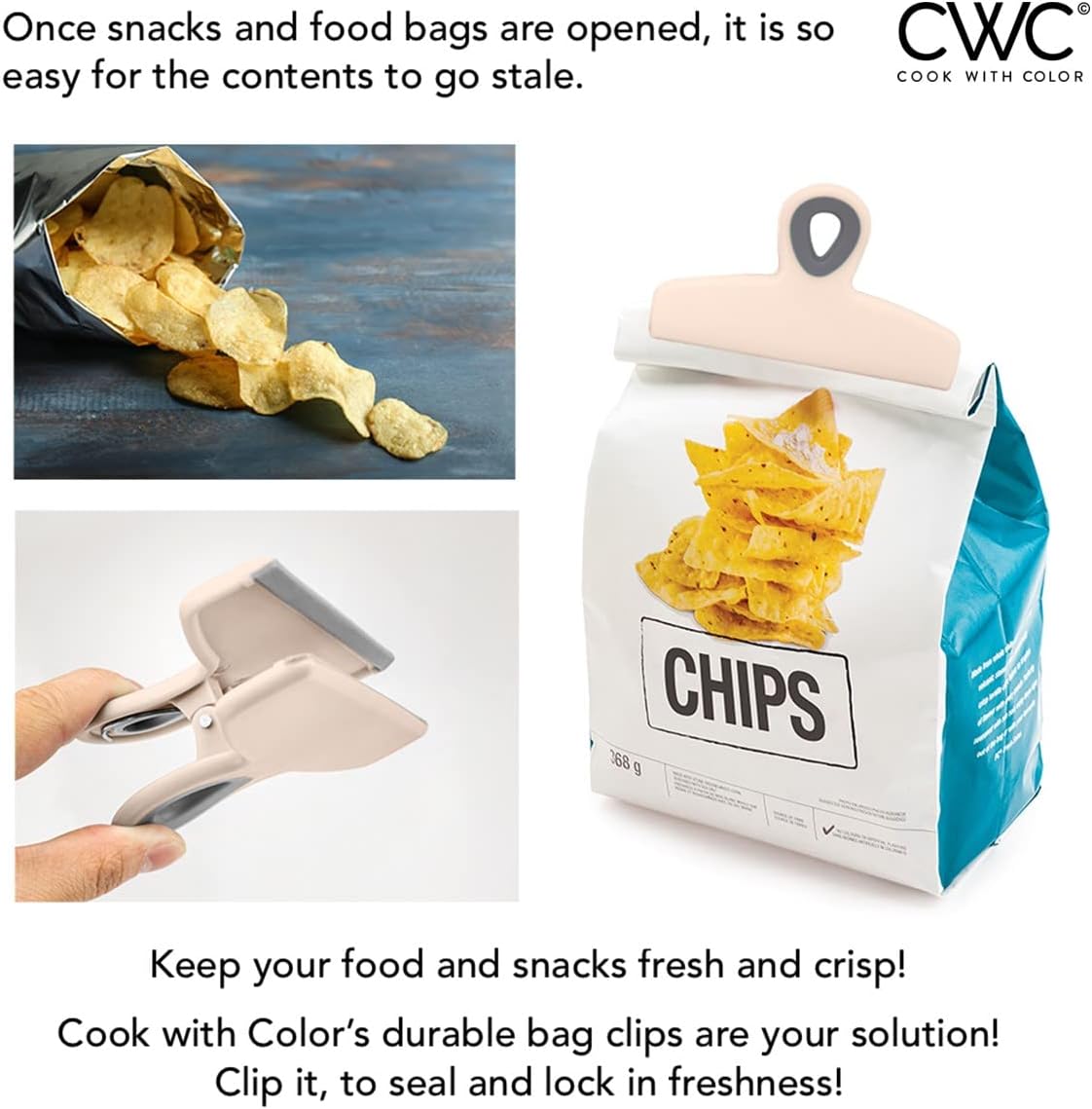 COOK WITH COLOR Bag Clips - Heavy Duty Chip Clip and Refrigerator Magnet Clips for Food Storage with Air Tight Seal Grip, Pink and Grey, Pack of 4 Large Clips