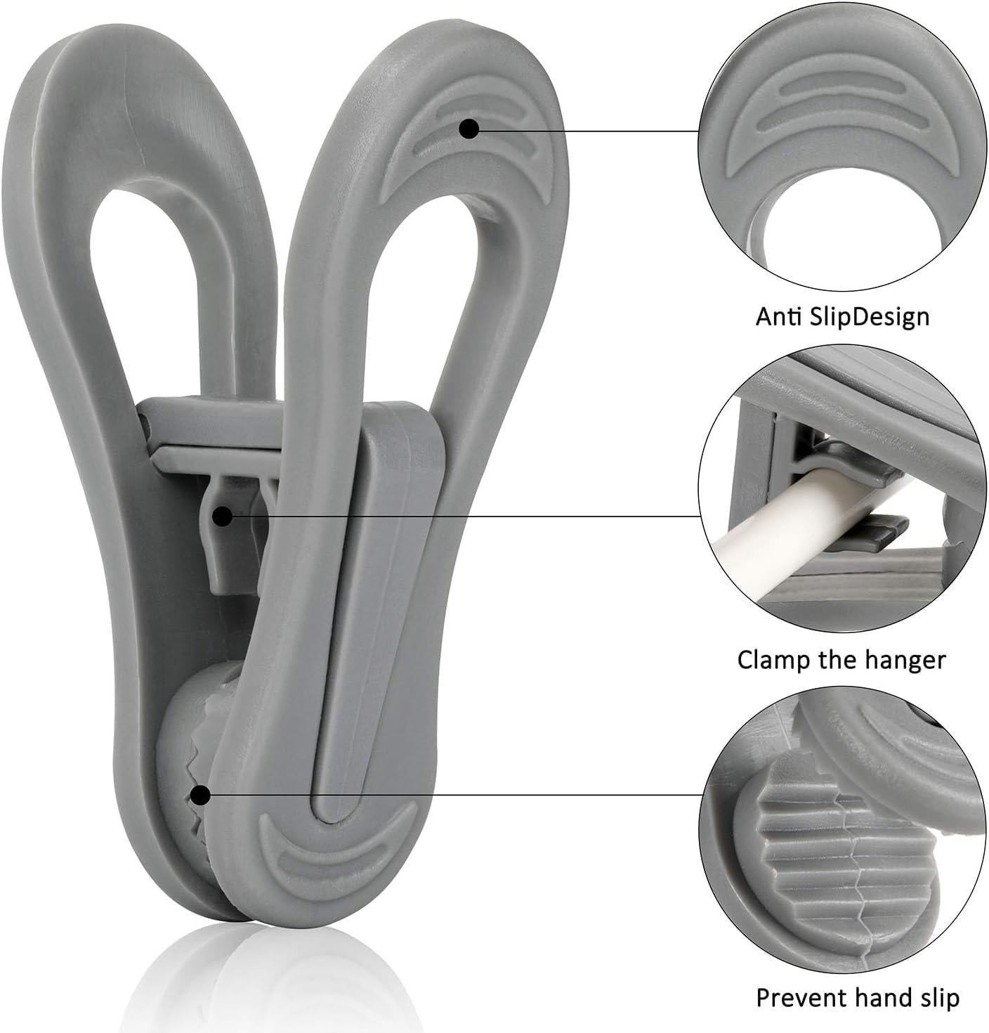 Tinfol 24pc Grey Plastic Hanger Clips, Strong Pinch Grip Finger Clips for Plastic Clothes Hangers, Multi-Purpose Kid Hanger Clip for Skirt Pant Hangers