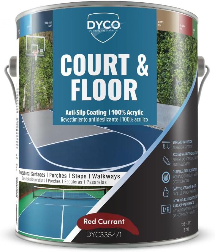 DYCO Court & Floor Anti-Slip Coating - Slip-Resistant Pavement, Cement & Concrete Paint for Pickleball, Tennis & Basketball Courts, Exceeds ADA Standards for Safety Areas (Red Currant, 1 Gallon)
