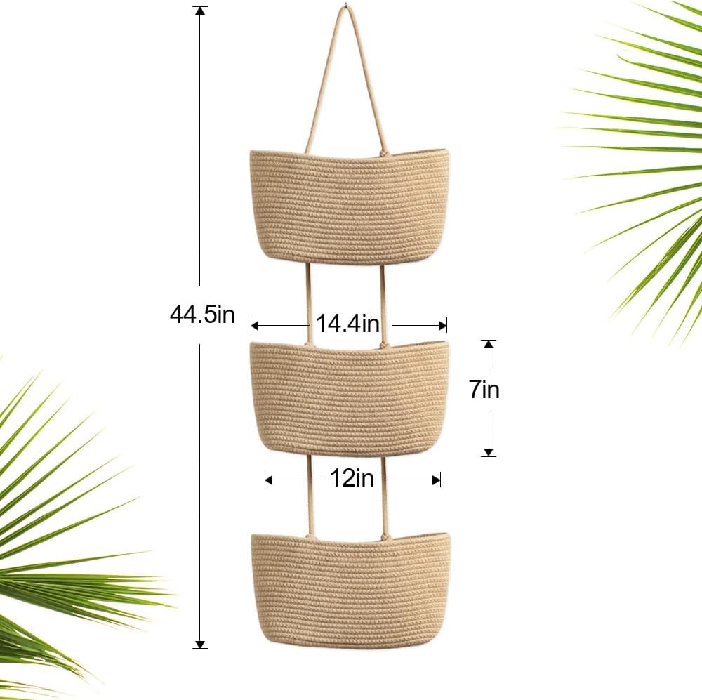 TeoKJ Over the Door Hanging Basket, 3-Tier Woven Cotton Wall-Mounted Storage Organizer Bag Decorative Hanging Nursery Baskets - Jute