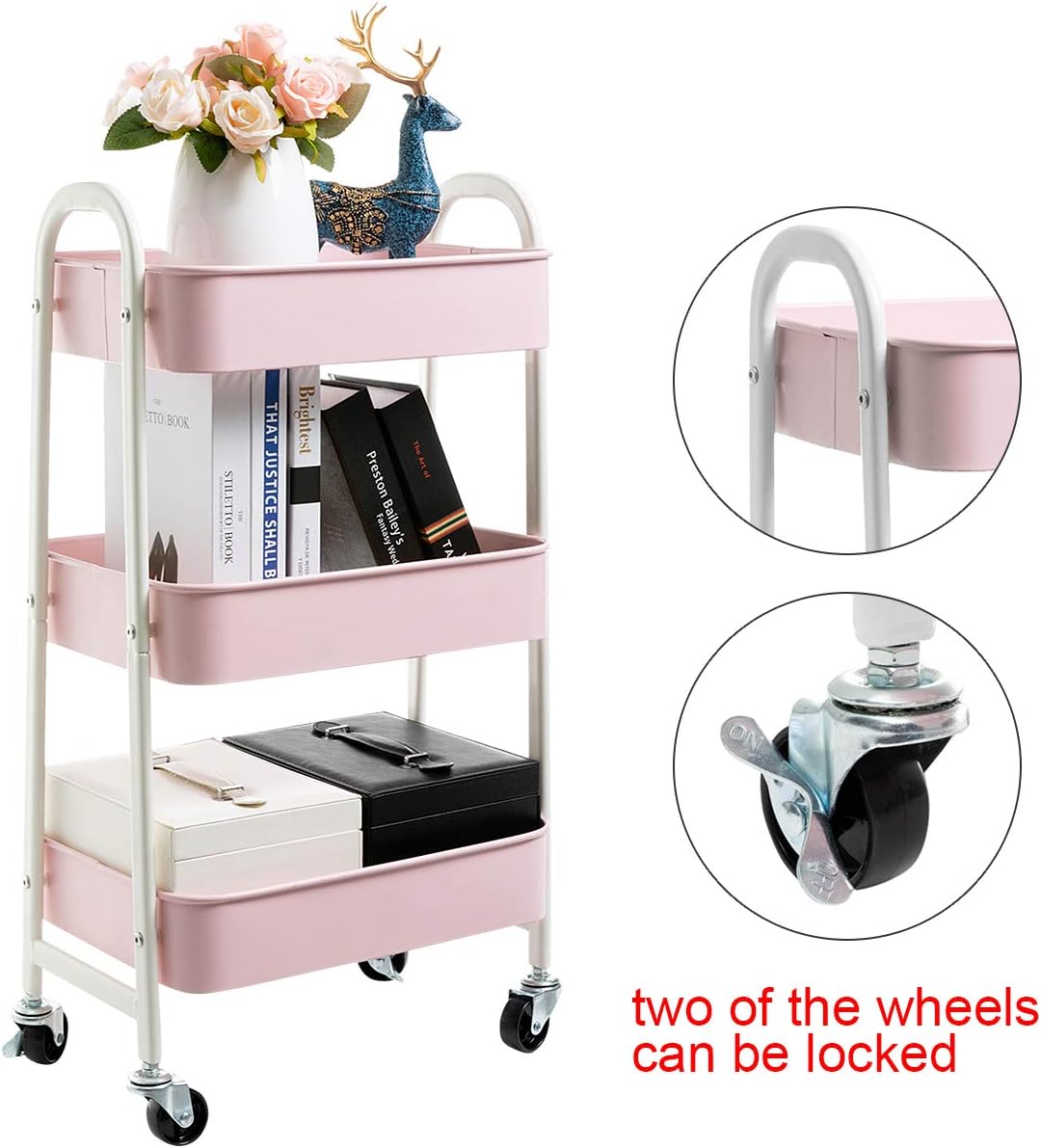 AGTEK Makeup Cart, Movable Rolling Organizer Cart, 3 Tier Metal Utility Cart, White - Pink