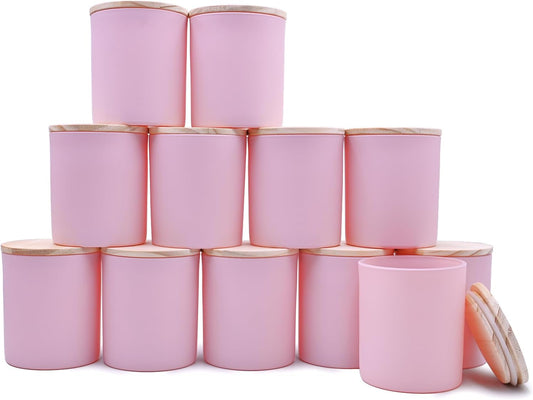 SHOWIN 14 OZ Thick Candle Jars for Making Candles 12 Pcs, 3 Wick Empty Jars with Wood Lids for Candle Making, Sample Container, Matte Pink