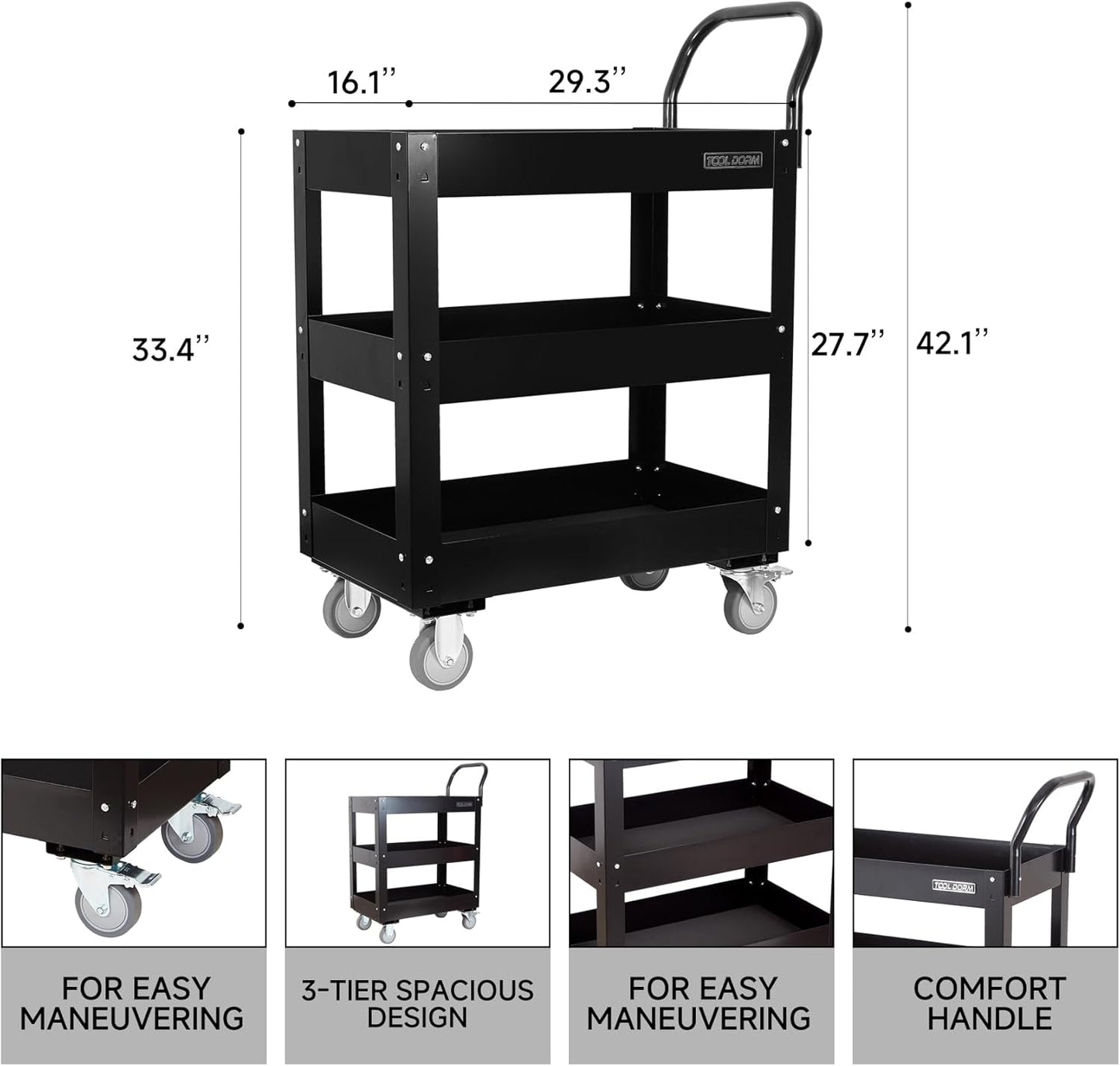 3 Tray 29.3 inch Tool Cart, self Assembly, 300 LBS Capacity Rolling Tool Carts on Wheels, Heavy Duty Utility Cart, Mechanic Tool Storage Cart for Garage, Warehouse and Repair Shop, Black