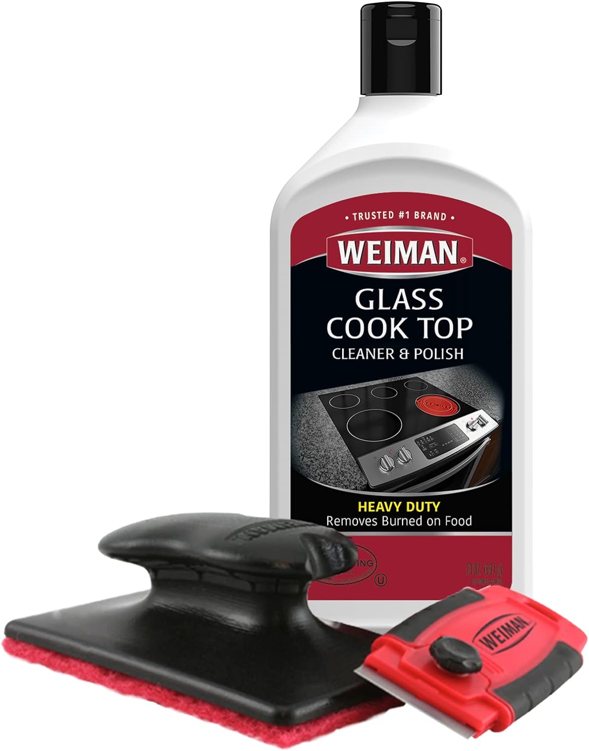 Weiman Glass Cooktop Cleaner Kit - Remove Burned on Food, Grease & Grime and Polish Stovetop, Ceramic & Induction, Streak Free, Cleaning Supplies, 20 Oz, Scrubbing Pad, Razor Scraper