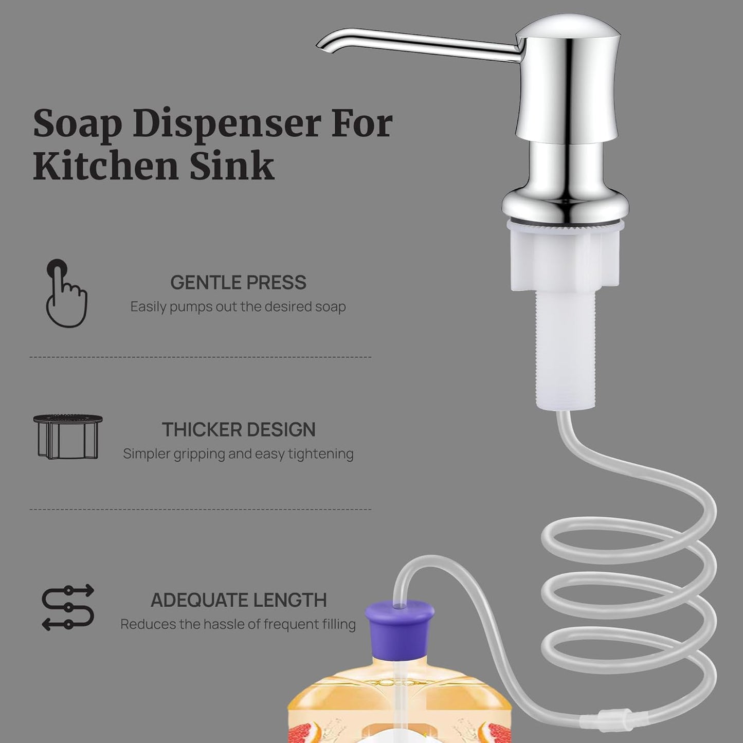 Sink Soap Dispenser for Kitchen Sink Chrome Upgrade with 40" Silicone Extension Tube Kit, Connect to Your Soap Bottle Directly