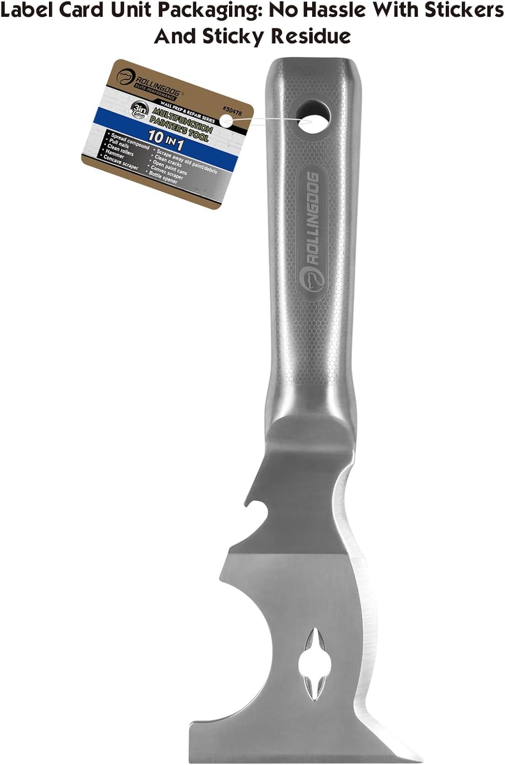 ROLLINGDOG 10 in 1 Painter's Tool - Stainless Steel Mirror Polished One Piece Blade And Laser Engraved Handle,3 inch Multifunction Putty Knife Drywall Paint Scraper