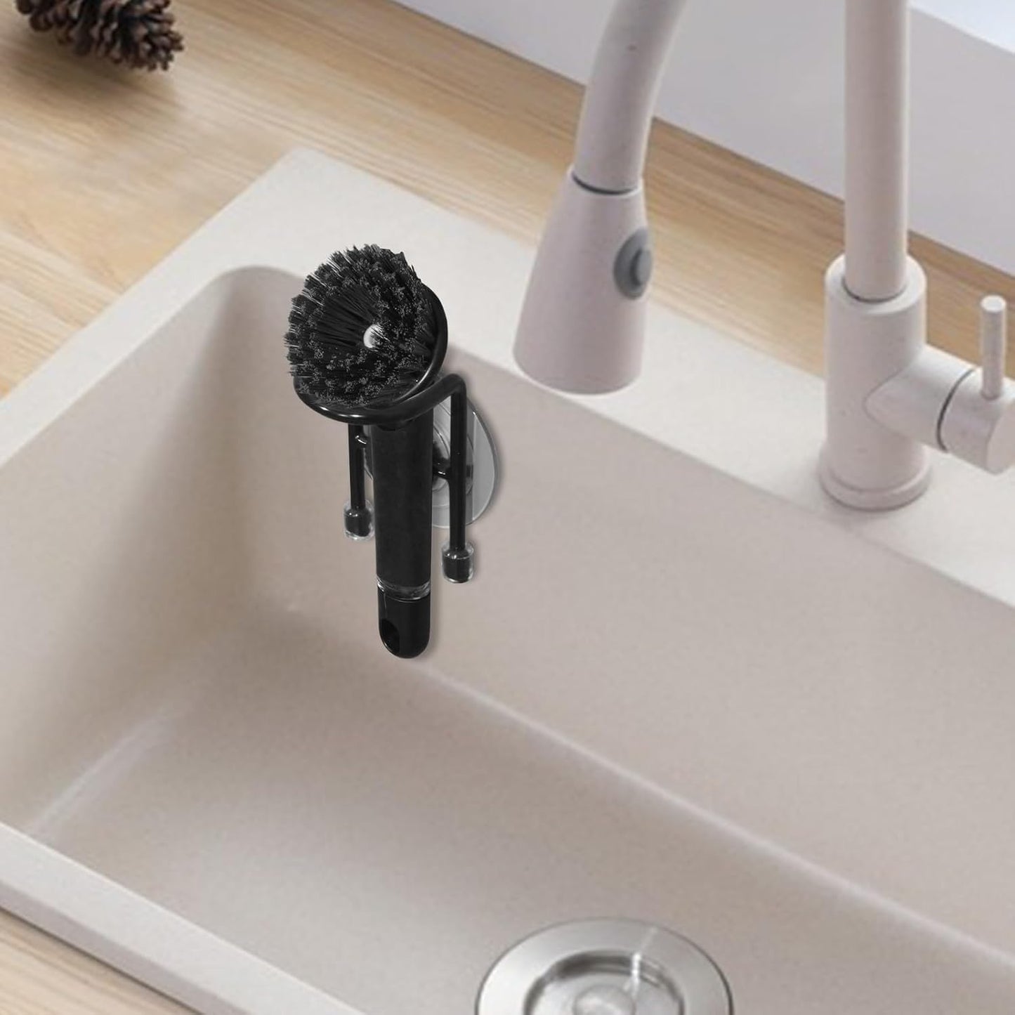 Sink Brush Holder, Magnetic Kitchen Sink Caddy Holder, Soap Dispensing Palm Brush Holder, Sink Drain Frame- Black