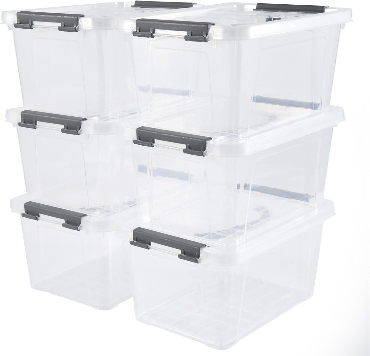 6 Quart Plastic Stackable Storage Latch Bins,Clear Latching Box with Handle and Lid,Pack of 6 (Grey Handle)