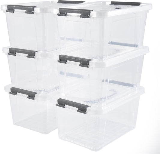 6 Quart Plastic Stackable Storage Latch Bins,Clear Latching Box with Handle and Lid,Pack of 6 (Grey Handle)
