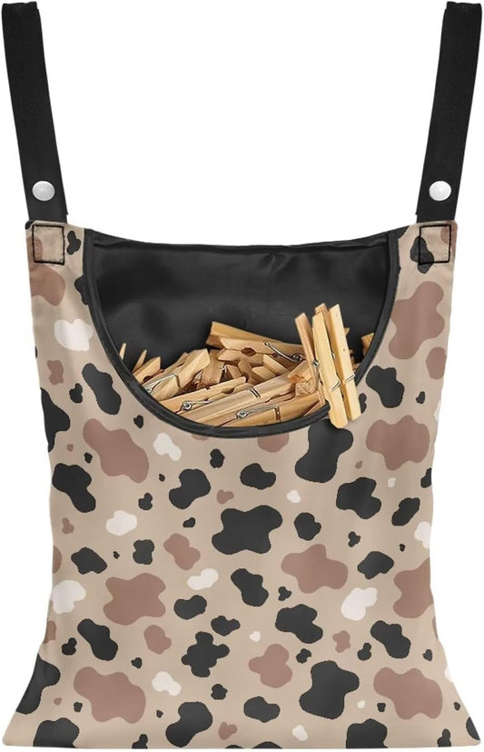 Clothes Pin Hanging Bag, Clothes Pins Bag Holder Outdoor Stylish Clothespin Bag with Hanging Rope for Clothespin - Cow Pattern