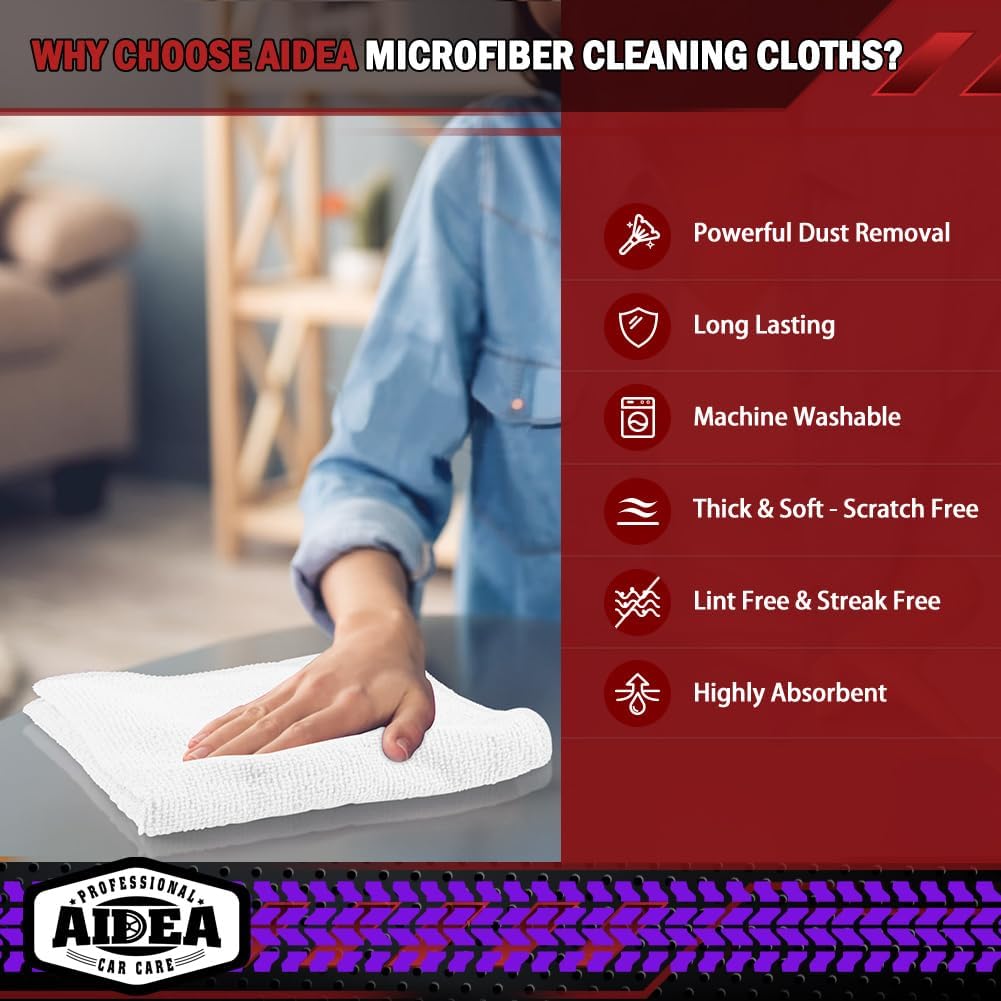 AIDEA Microfiber Cleaning Cloth White 10PK, Microfiber Towels for Cars, Premium Car Cloths, Dusting Cloth Lint Free Cleaning Rags for SUVs, House, Kitchen, Window, Workshops,12×12"