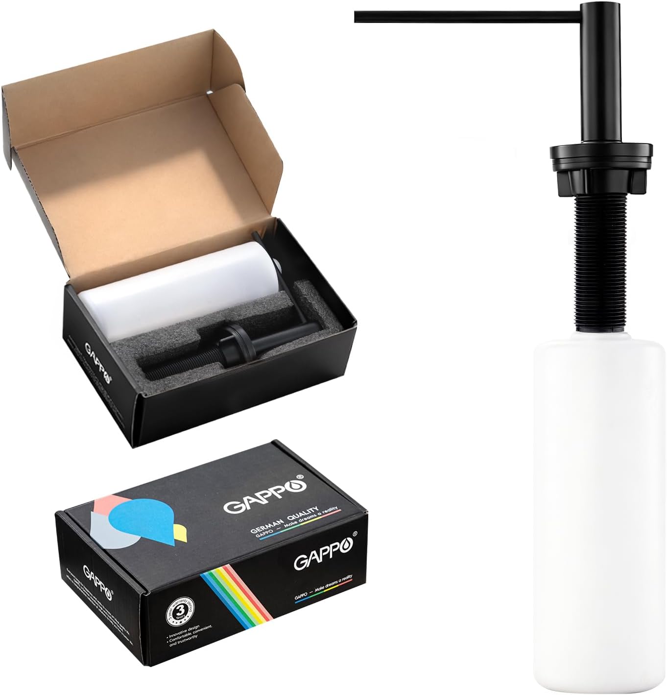 GAPPO Soap Dispenser for Kitchen Sink, Built in Sink Soap Dispenser, Matte Black Stainless Steel Pump Head, Lotion Dispenser with Refillable 17 OZ Bottle